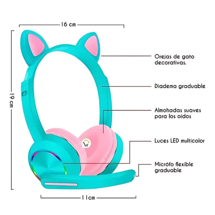 Auriculares Inalámbricos Bluetooth Celeste con Orejas de Gato Decorativas - Imagen 3